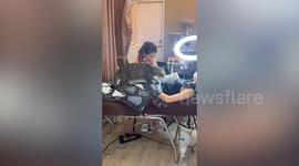 Pet cat massages customer having beauty treatment