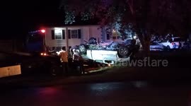 Wrecker Crew Flips a Pickup Truck Following a Crash in my Neighbor's Front Yard