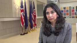 Home Secretary Suella Braverman speaks during a visit to Washington DC, USA