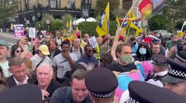 Laurence Fox joins a group protesting against a monthly drag act for children in London, UK