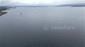 Aerial footage of MV Glen Sannox ferry under construction at Ferguson Marine shipyard, Port Glasgow, Scotland, UK
