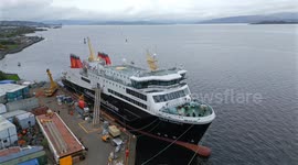 Aerial footage of MV Glen Sannox ferry under construction at Ferguson Marine shipyard, Port Glasgow, Scotland, UK