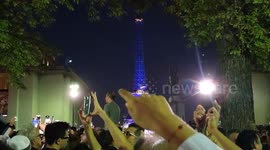 Attack of Hamas vs Israel. French police applauded for securising the rally for Israel at Eiffel Tower lit in blue as tribute. 9 oct 23, 20h00.