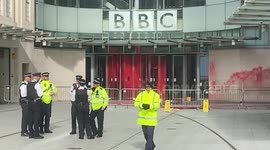 BBC entrance sprayed with red paint ahead of pro-Palestinian march in London, UK