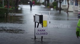 Footage of flooded caravan park and Tesco carpark in Bognor Regis