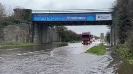 Heavy rain causes floods on Northern Ireland roads in Moira, UK
