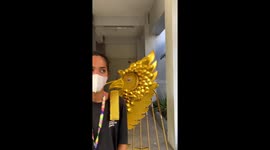 Fashion designer shows off golden eagle wing costume that spreads on its own