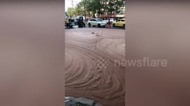 Thick mud bubbles up from road in China