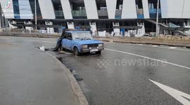 Vehicle Shot Up By Military at Intersection Check point in Kyiv, Ukraine