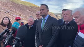 Irish premier Leo Varadkar speaks with media in Ballymakeery, Co. Cork, Ireland