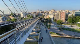STOCKSHOTS; metro train passes over the Golden Horn waterway bridge in Istanbul, Turkey
