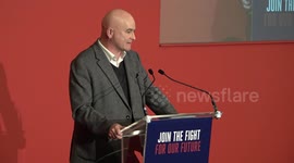 RMT leader Mick Lynch addresses the Firefighters national rally in London, UK