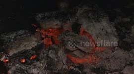 Man can use hands to catch burning honeycomb briquette