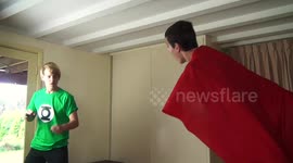 Superman Verses Green Lantern - Boys accidentally smash glass door while filming