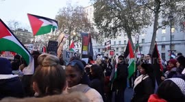 Palestinain protesters let off smoke flares at 10 Downing Street while singing and chanting