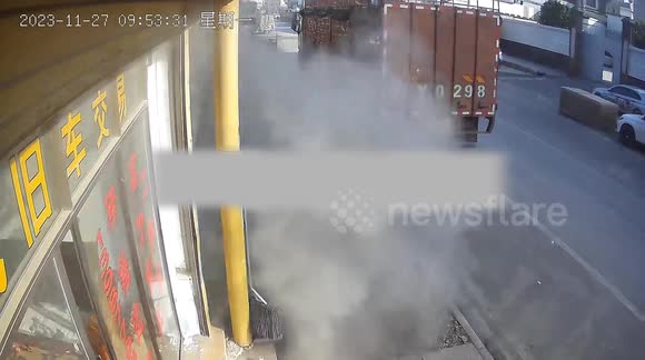 Man narrowly escapes injury as worn-out tyre explodes on parked truck ...