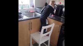 Little boy helps his tired mum by cleaning the kitchen counters *Wholesome*