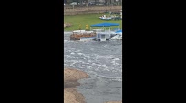 Floodwaters sweep peddle boats downstream in Villa Carlos Paz, Argentina