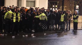 Olympique de Marseille  fans wait for buses in Brighton City for the Amex to play BHAFC (Brighton & Hove Albion FC)