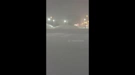 Blizzard blankets Fukagawa City in a thick evening fog