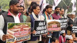 Dozens of India Alliance workers protested today against the suspension of 143 MPs, raised slogans of Modi Murdabad.