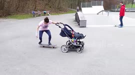 DUPLICATE This mum can kickflip a skateboard while pushing a pram