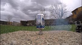 Pocket Cannon disintigrates a beer can in slow-motion