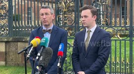 Andrew Muir and Eoin Tennyson speak to the media in Lisburn, UK