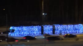 Festive tram is running around St Petersburg during winter holidays, Russia