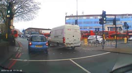 White van man changing lanes 5 times in 50m. 3 near miss accidents!