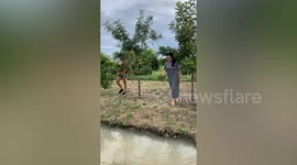 Clumsy woman falls into canal when she tries to make shortcut at mango farm