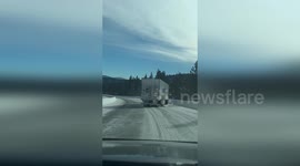 Huge Truck Dramatically Slides on Snowy Road in California, USA
