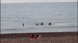 Brighton Beach on a brisk Sunday afternoon in January, with an average sea temperature of 8.6 °C.