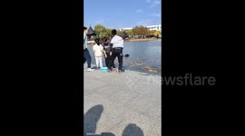 Children stand by the lake and feed the fish in Yancheng, China