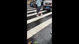 Fish flaps on zebra crossing with pedestrians on rainy day in China