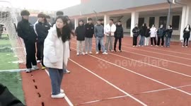 College girl falls on her bottom and fails triple jump test