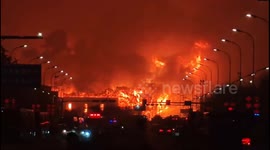 Fire breaks out at a warehouse in Qingdao, China