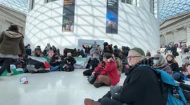 Protest asking for ENERGY EMBARGO FOR PALESTINE in the British museum.  Energy companies in Britain are profitting from the colonial genocide and ongoing siege on Gaza and fuelling the Israeli fighter jets, army tankers, and military vehicles which are us