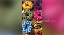 Housewife  different-coloured makes crochet donuts