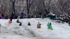 Residents Enjoy Snowy Central Park in New York, USA