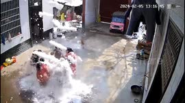 Accumulated snow strikes family dining in courtyard after sliding off house roof