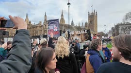 Gemma Collins makes a speech at the Camp Beagle rally outside Parliament