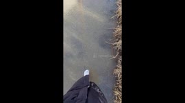 On thin ice, literally! Woman films her daring walk over frozen road