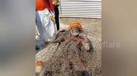 On occasion for Magha Purnima Prayagraj a indian devotee has been lying on a bed of thorns every day for 35 years as part of public penance