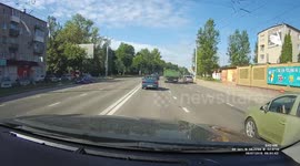 Inattentive blue Lada driver rearranges causing chain reaction involving truck and five cars
