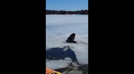 Boy's attempts to quickly get out after suddenly falling through the ice