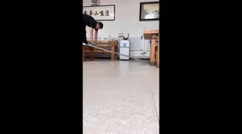 Chinese man does extreme curl wheel exercise on sloped pole