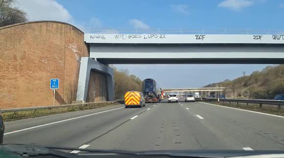 Convoy of trains being transported on the M5 near Tewkesbury