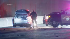 Big Rig Rollover Blocks I5 in Sun Valley, LA, USA