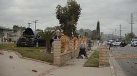 Truck Flies Over Wash and Lands on Front Lawn in Simi Valley, LA, USA